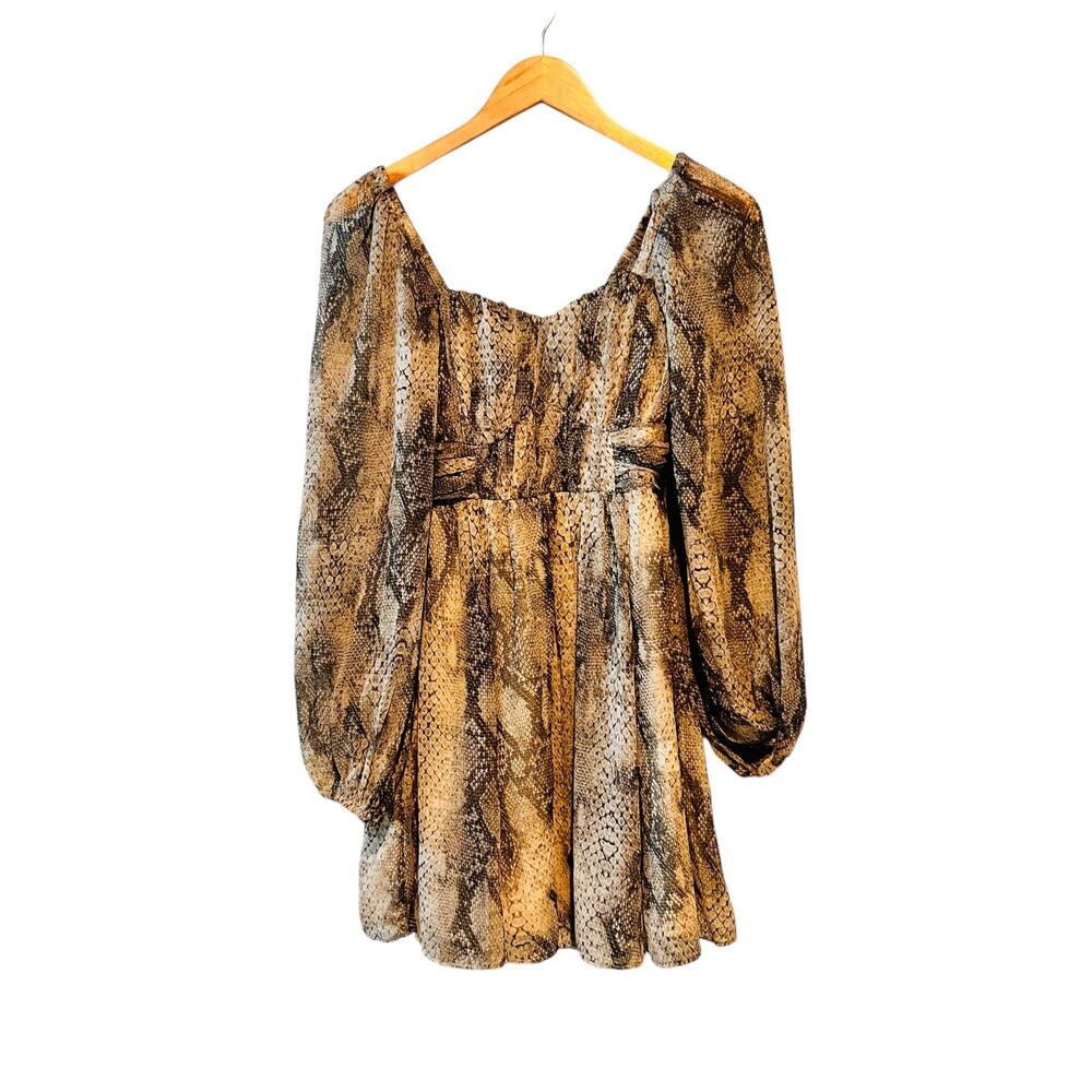 Express Snake Print Smocked Long Sleeve Dress Size XS NWT Brown - Picture 2 of 9